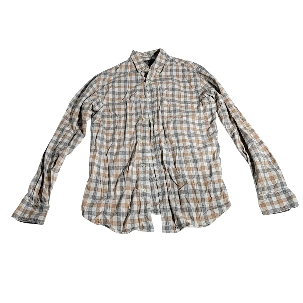 Banana Republic Luxe Flannel Slim Fit Shirt Mens Medium Tan Grey‎ Plaid Cotton